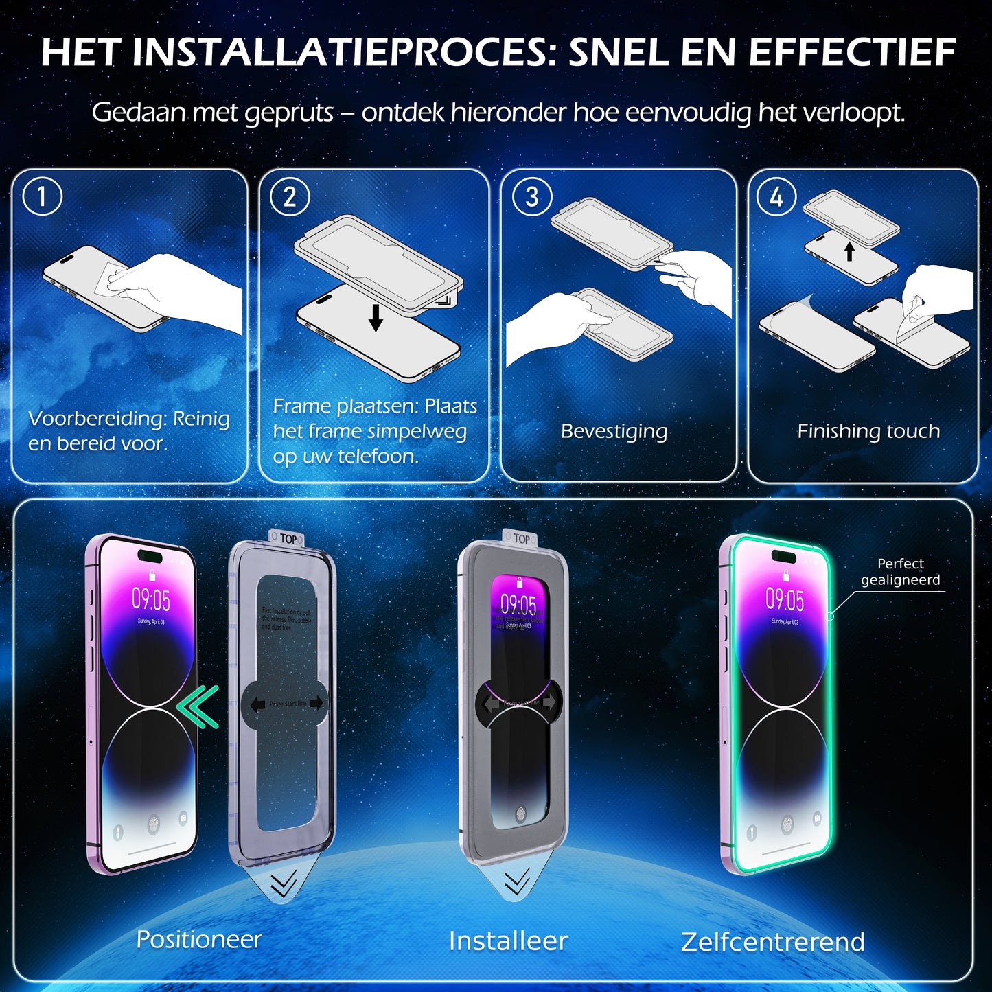 De gemakkelijke stappen om de Dkey screenprotector voor de iPhone 15, 15 Pro, 15 Pro Max, makkelijk te installeren.